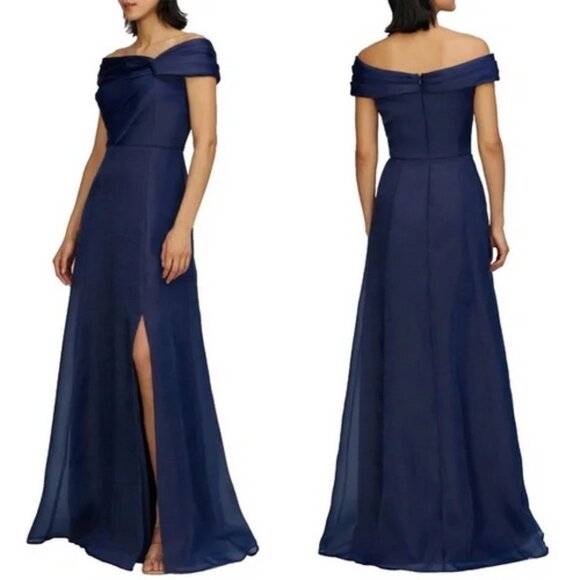 JS Collections Navy Blue Isadora Off the Shoulder Organza Gown - Picture 1 of 2